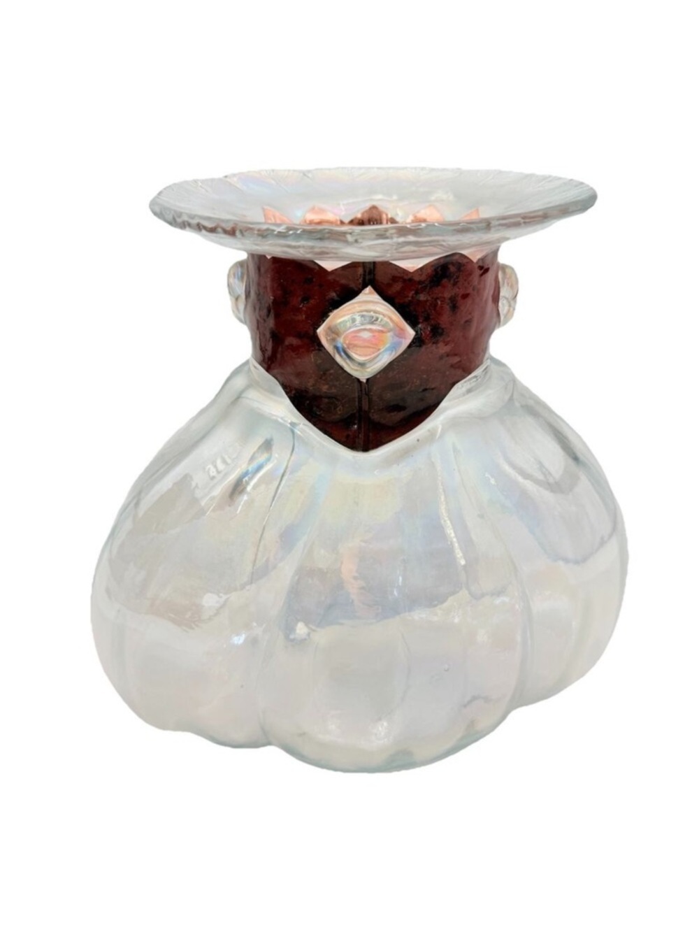 Silvestri Mouth Blown Iridescent Glass Vase with Copper Tone Collar 11.5" x 11”